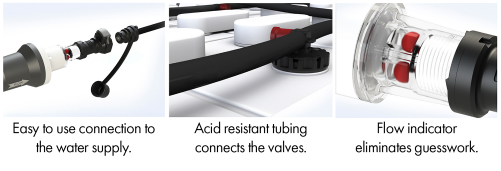 Easy connection to water supply, acid resistant tubing, and flow indicator