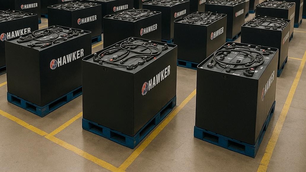[Dozens of Hawker industrial batteries on skids ready to ship]
