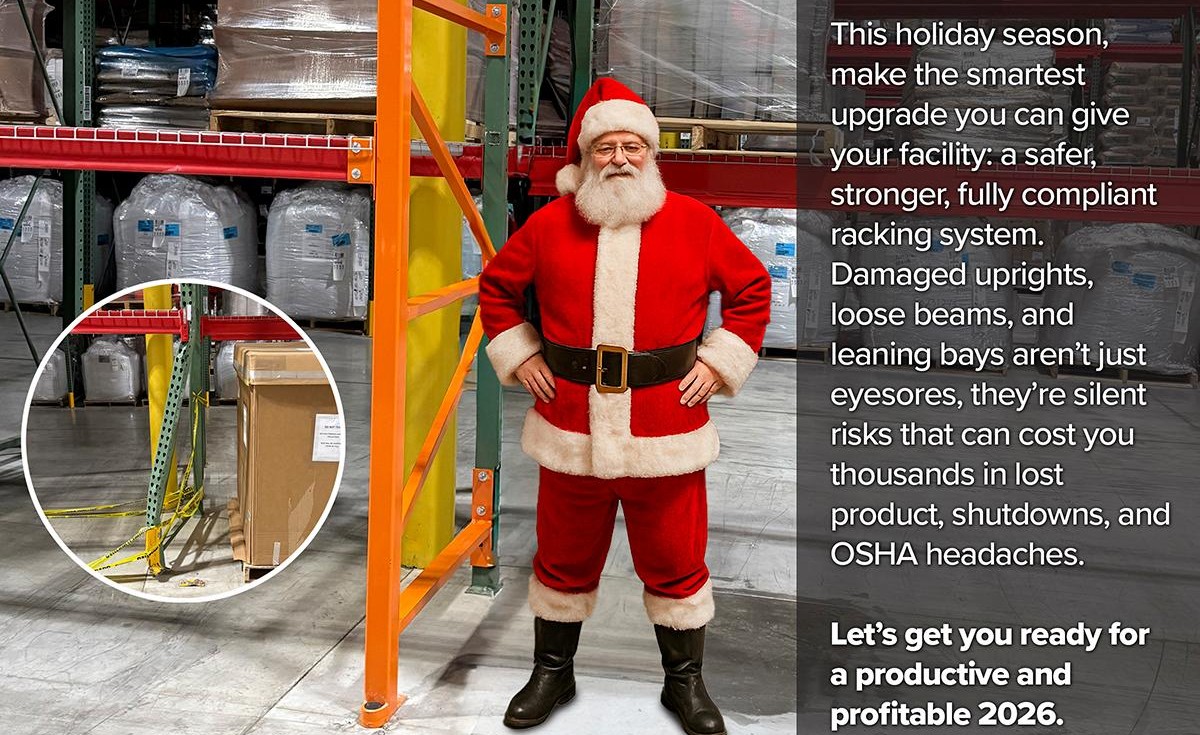 Santa in front of repaired racks