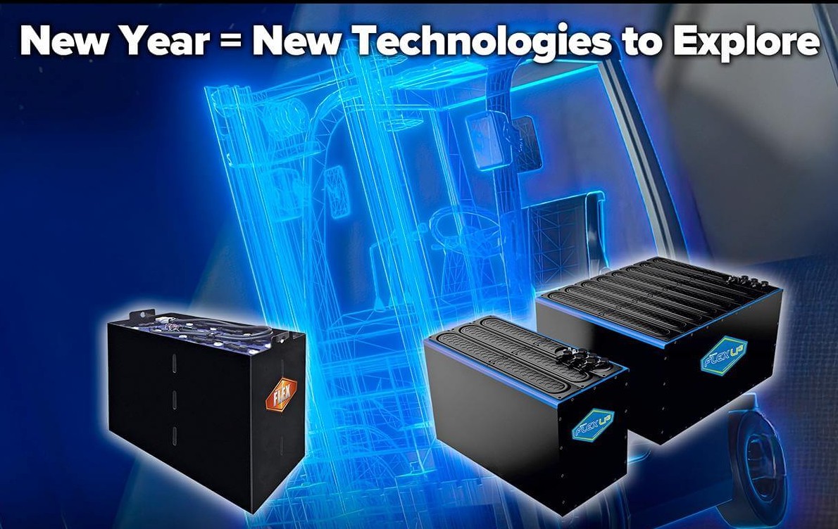 New Year = New Technologies to Explore  [Pictured: FLEXLP / FLEX Batteries on a wireframe model forklift background]